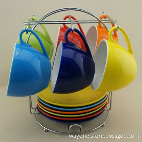 Set6 220cc Tea Cup and Saucer, with Metal Stand, New Bone China with Color Glaze, for Promotion